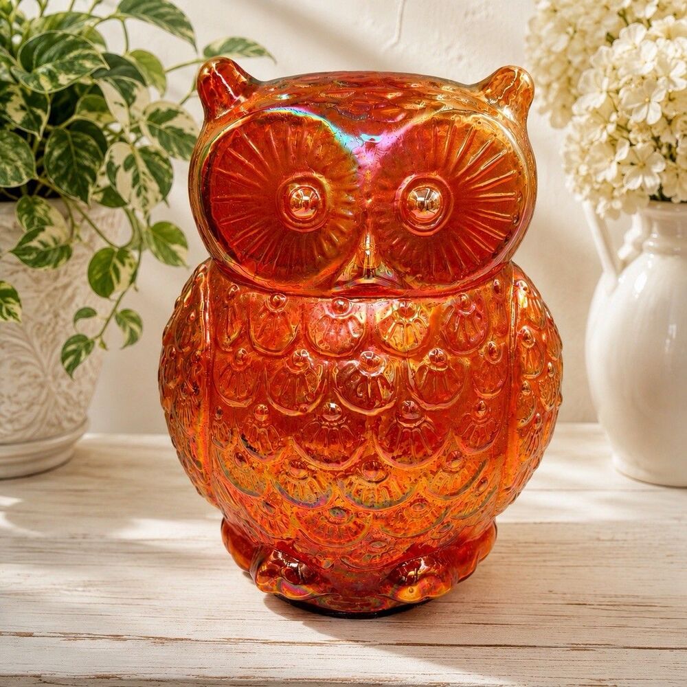 Vintage Marigold Carnival Glass Owl Figurine 9” Iridescent Art Glass India
